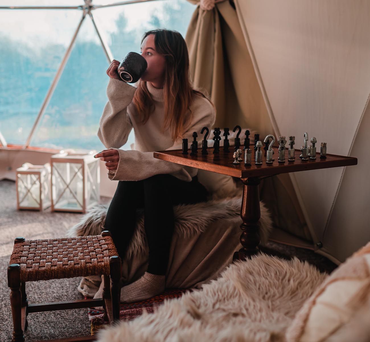 Playing chess in our Oxford Glamping dome